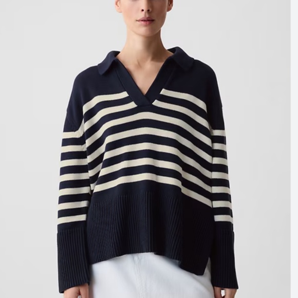 100% Cotton GAP 24/7 Navy Blue & White Split-Hem Polo Sweater - Picture 2 of 3